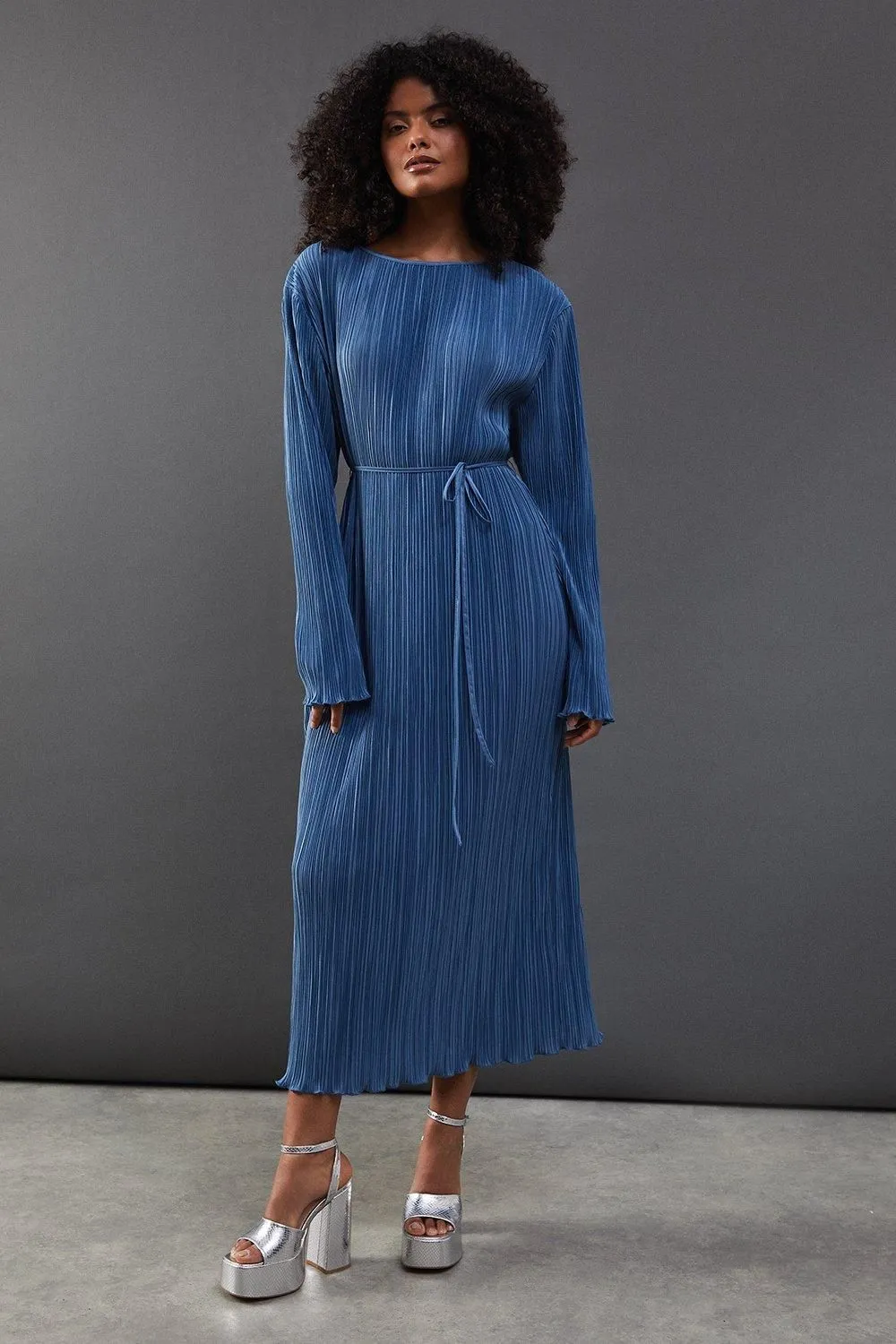 Plisse Belted Column Midi Dress