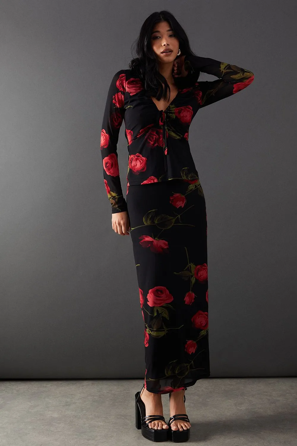 Rose Floral Mesh Bow Detail Midi Skirt