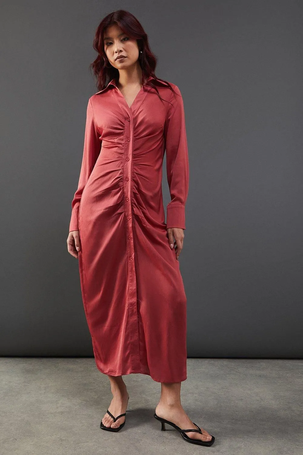 Satin Ruched Front Midi Shirt Dress