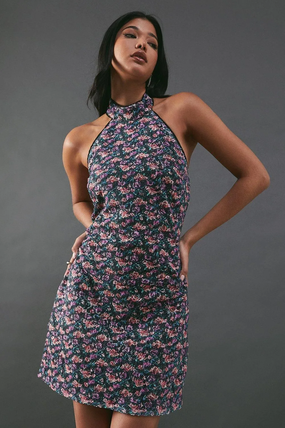 Print Sequin Lace High Neck Halter Mini Dress