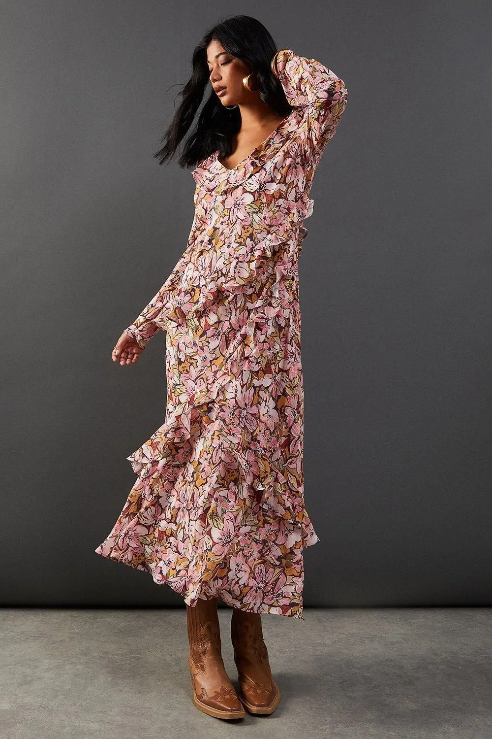 Printed Chiffon Ruffle Seam V Neck Midi Dress