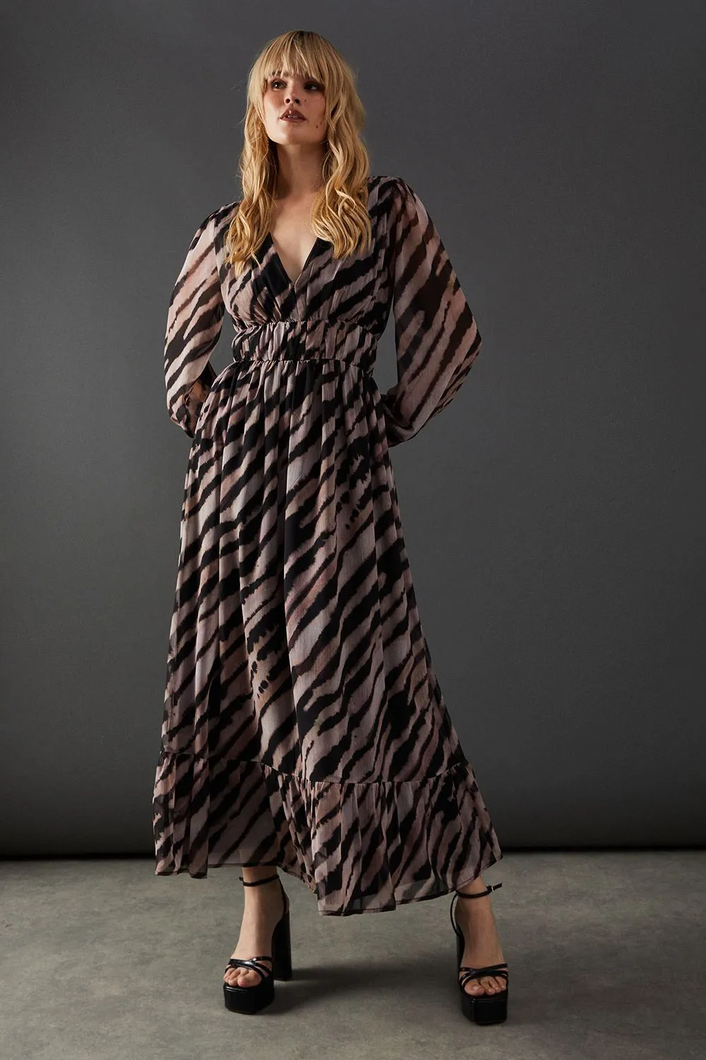 Animal Chiffon Plunge Neck Balloon Sleeve Maxi Dress