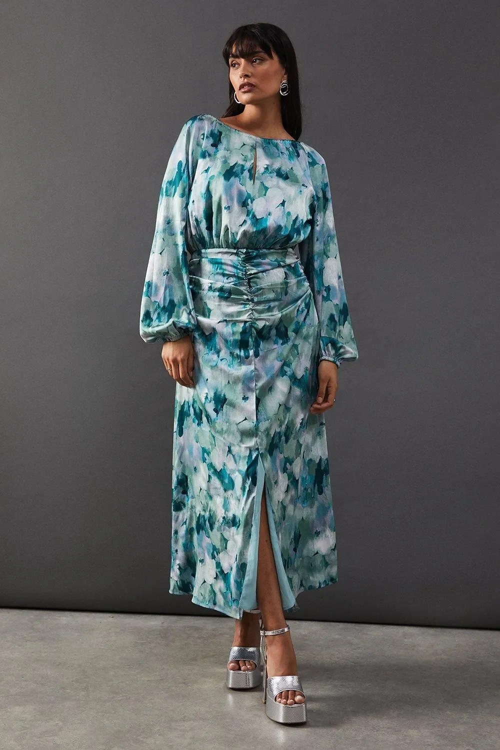 Print Satin Ruched Front Midi Dress