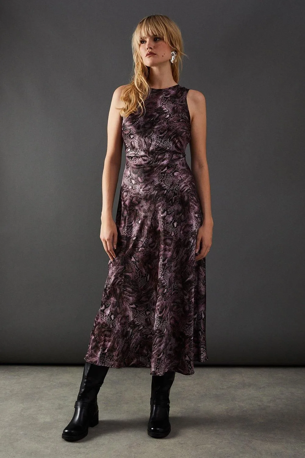 Print Satin Racer Neck Bias Midi Slip Dress