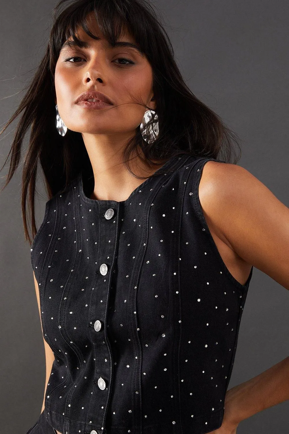 Denim All Over Hotfix Button Waistcoat