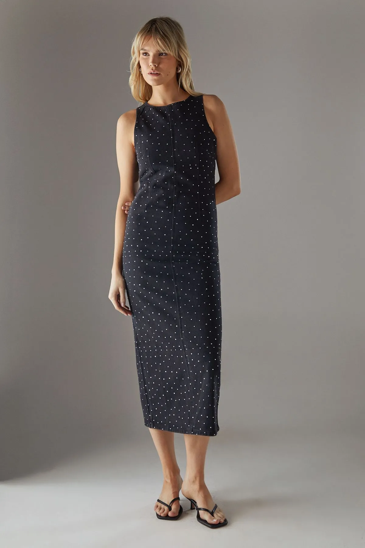 Denim All Over Hot Fix Sleeveless Fitted Midi Dress