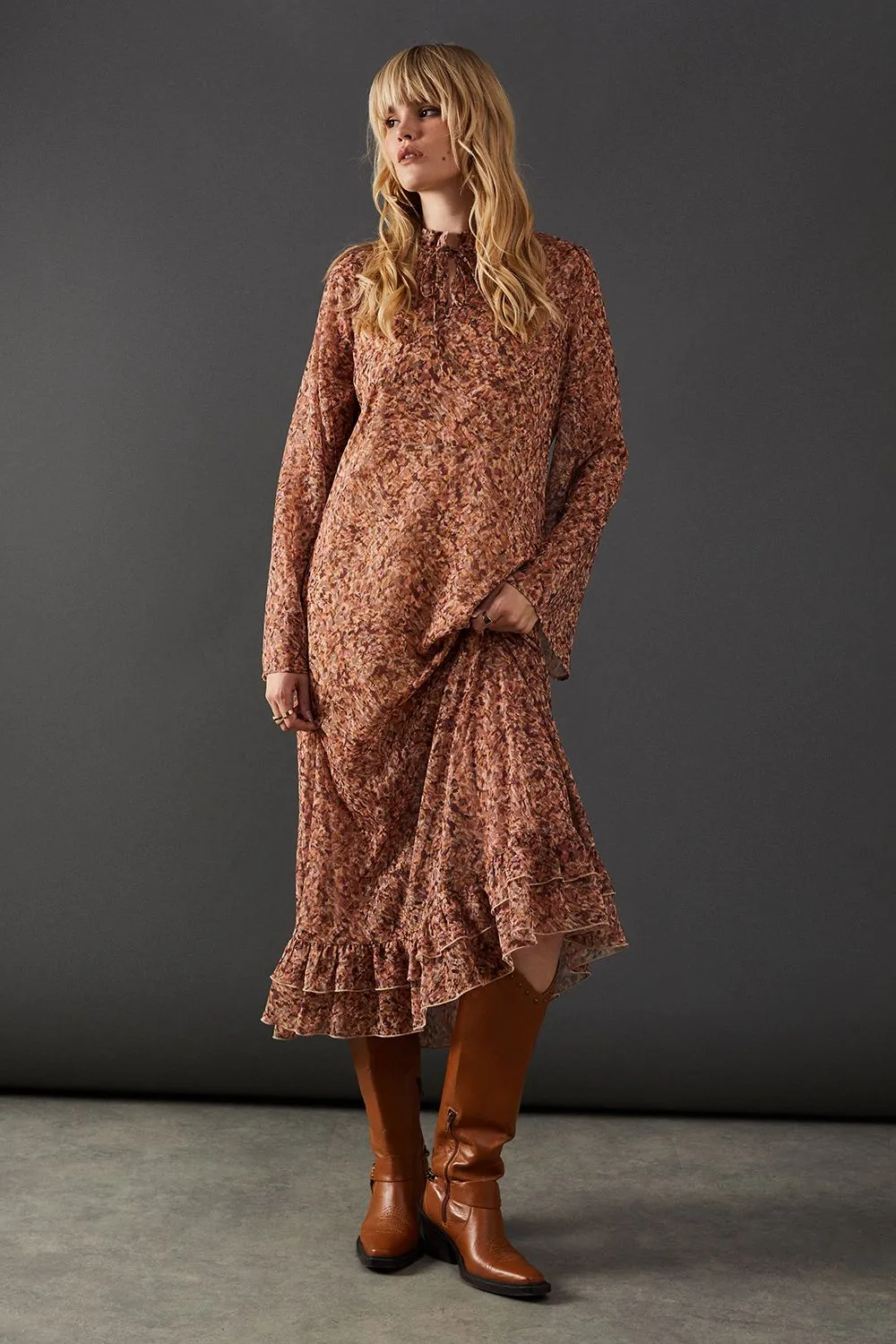 Print Chiffon Ruffle Tie Neck Midi Dress