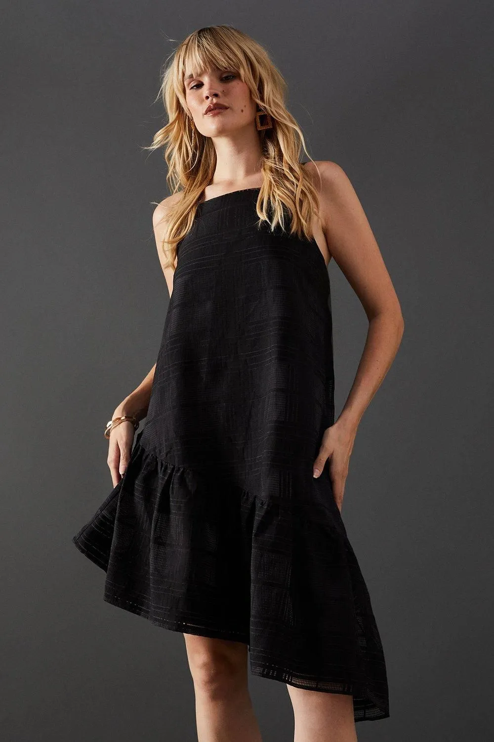 Check Organza High Neck Asymmetric Smock Dress