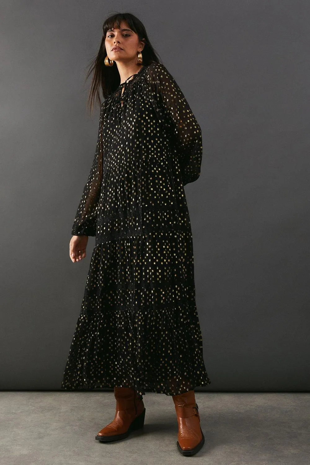 Metallic Jacquard Dobby Lace Insert Midi Smock Dress