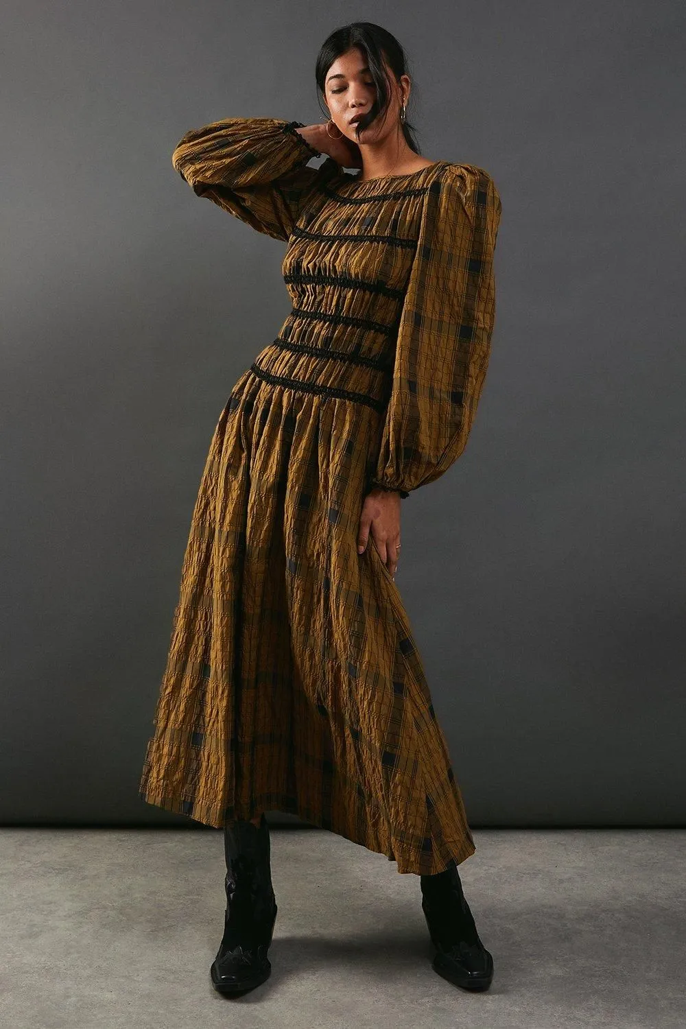 Shirred Bodice Check Midaxi Dress