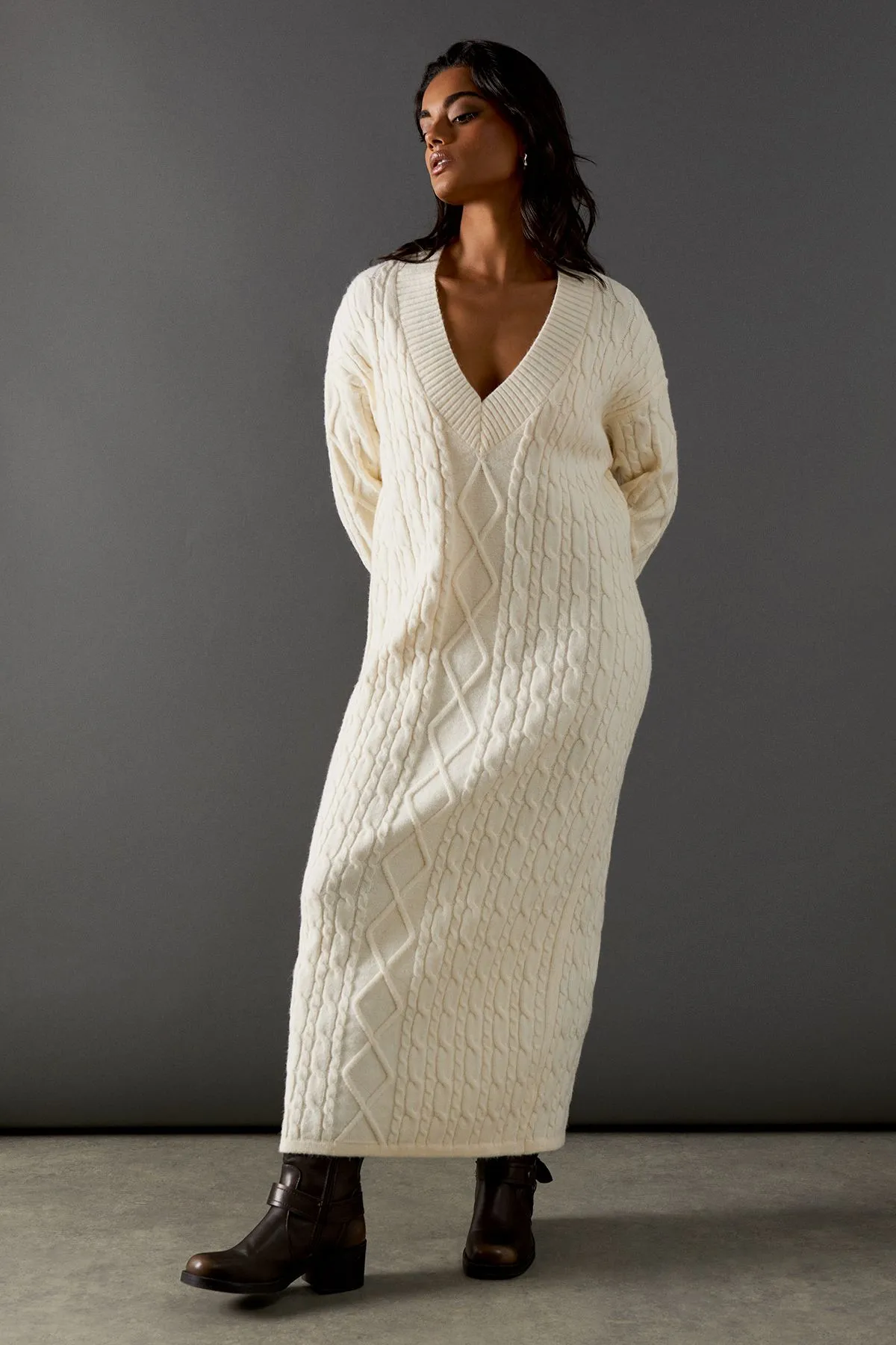 Cosy Cable Knit V Neck Maxi Jumper Dress