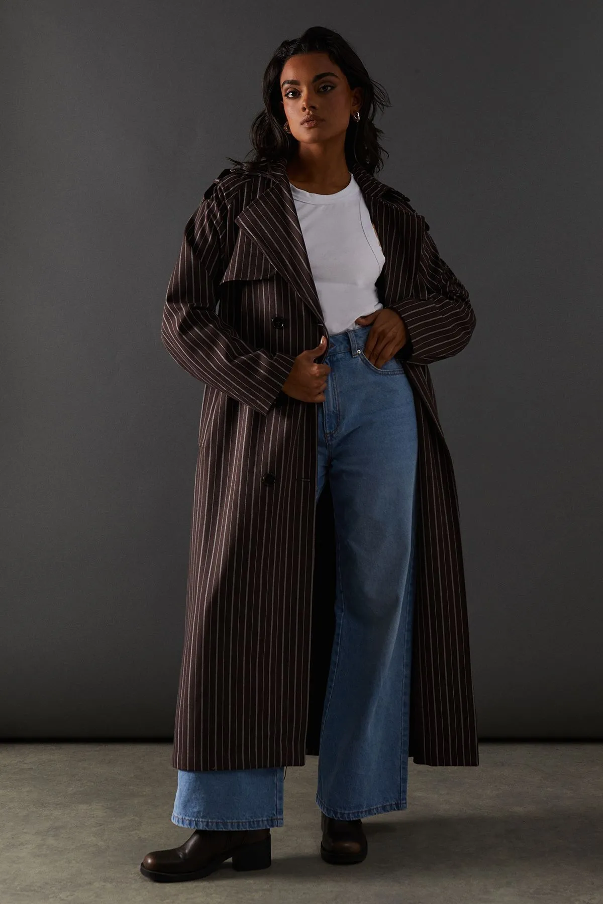 Chocolate Pinstripe Belted Trench Coat