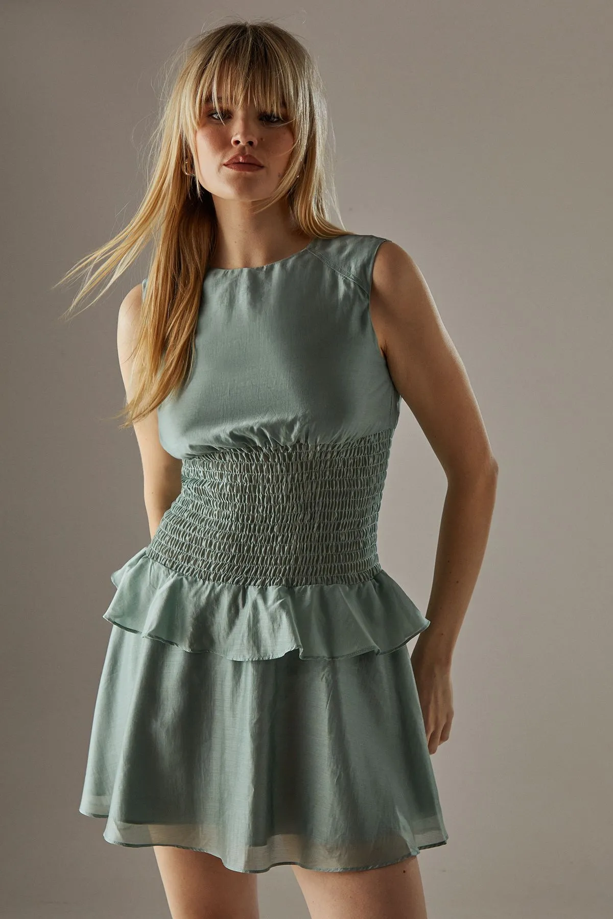 Organza Shirred Waist Sleeveless Mini Dress
