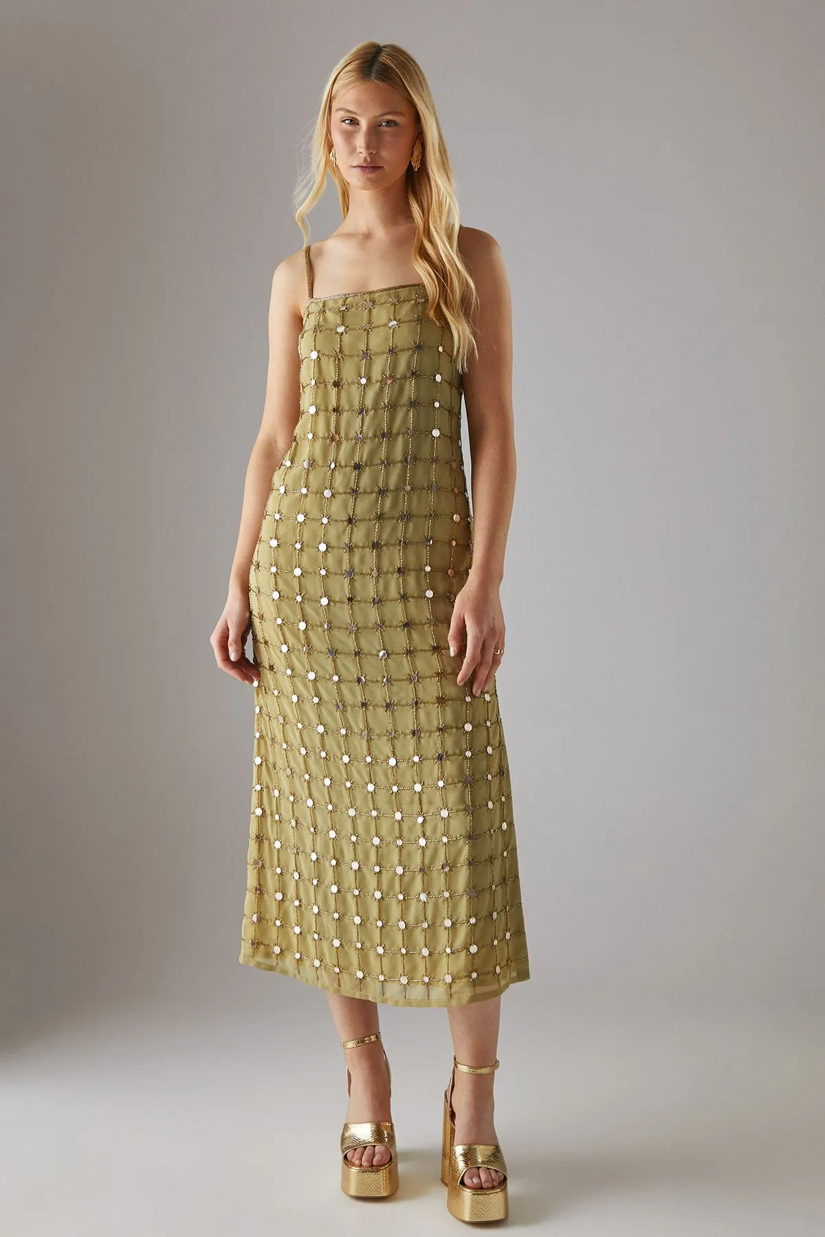 Hand Embellished Sequin Grid Strappy Column Midi Dress