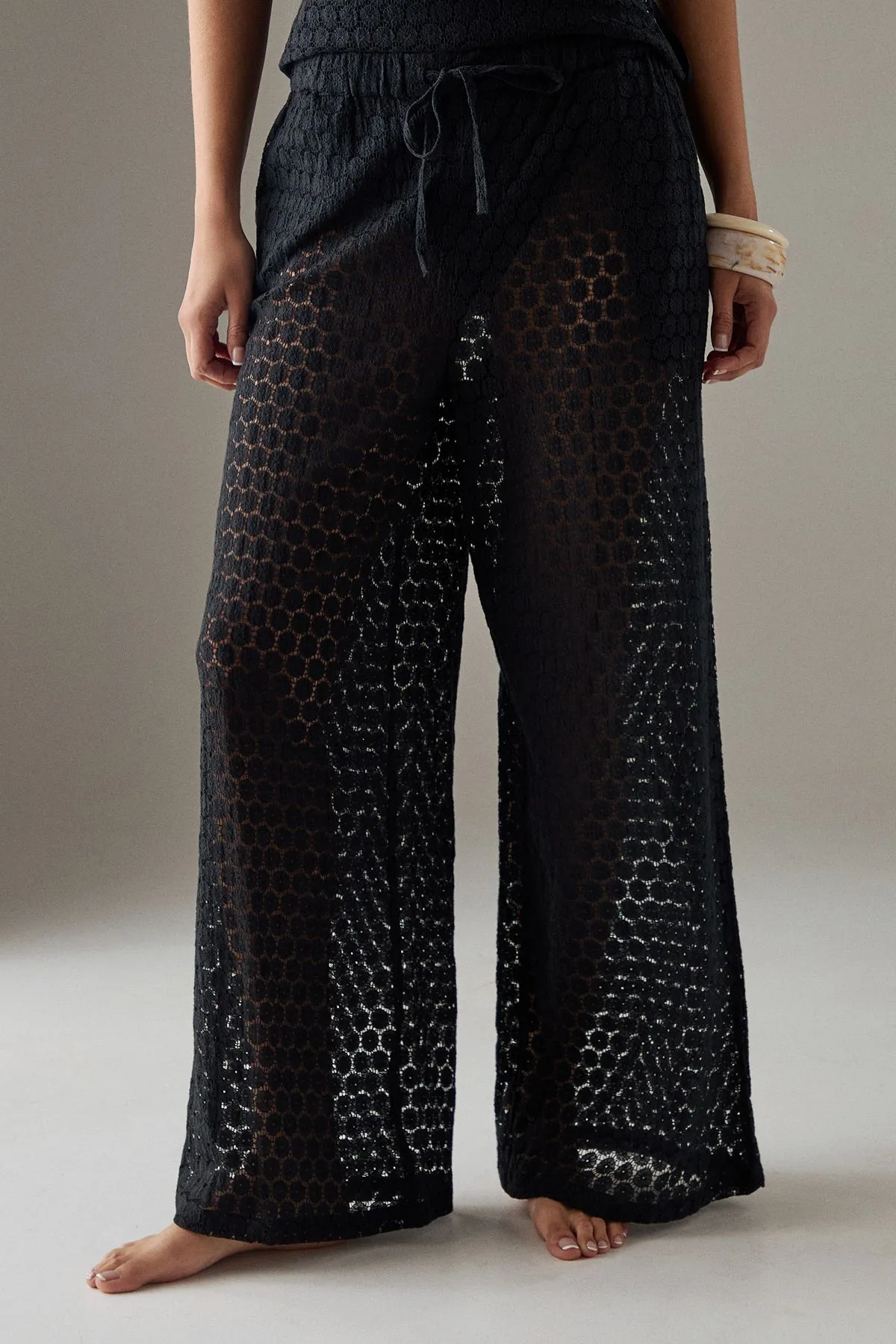 Crochet Drawstring Waist Wide Leg Trousers