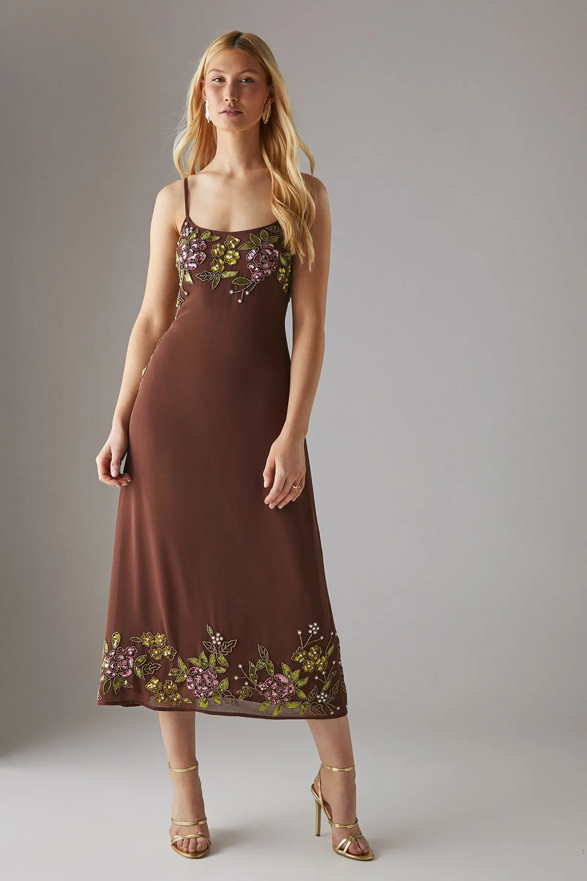 Hand Embellished Strappy Bias Sequin Midi Dress