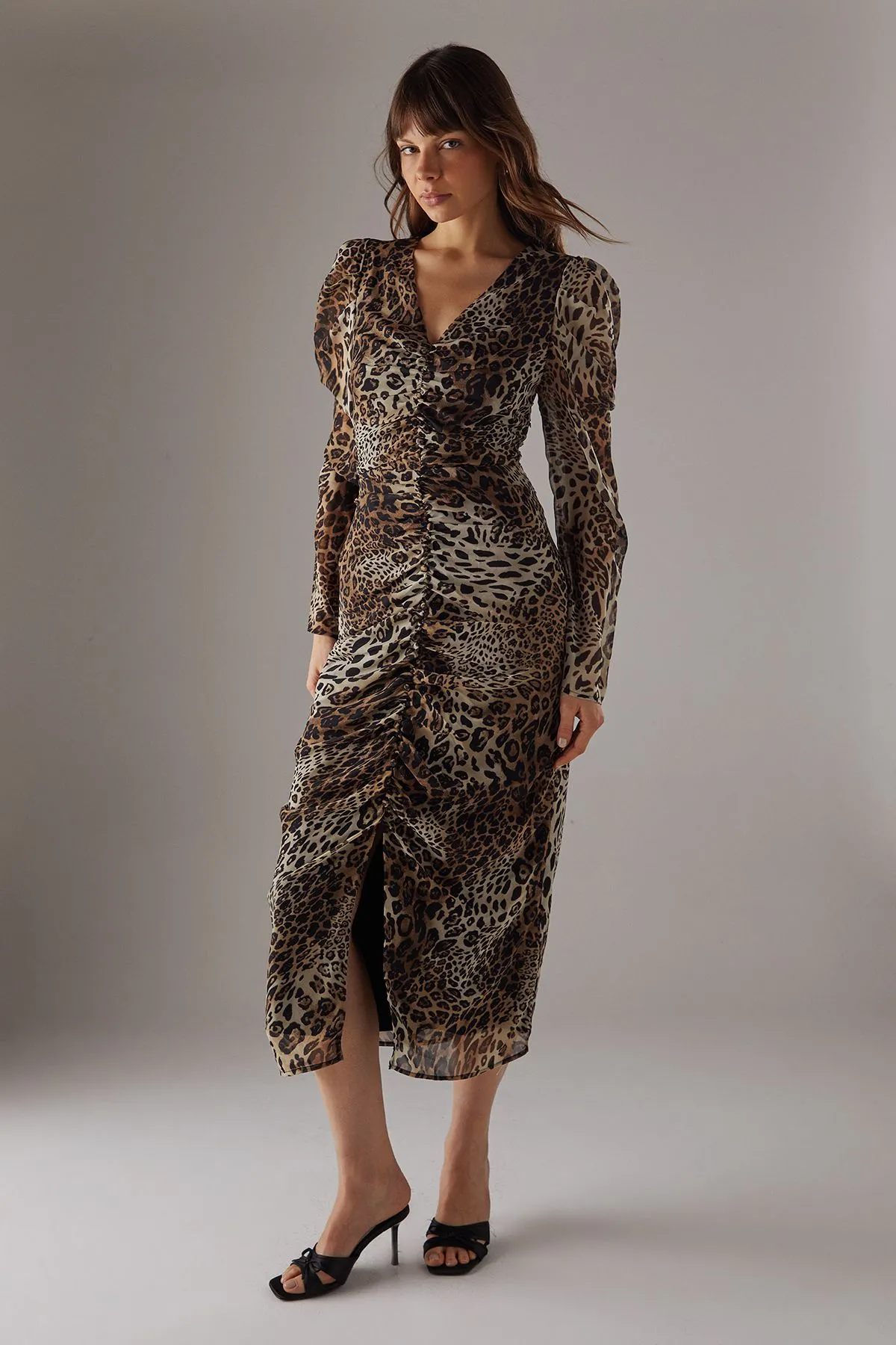 Animal Chiffon Ruched Plunge Button front Midi Dress