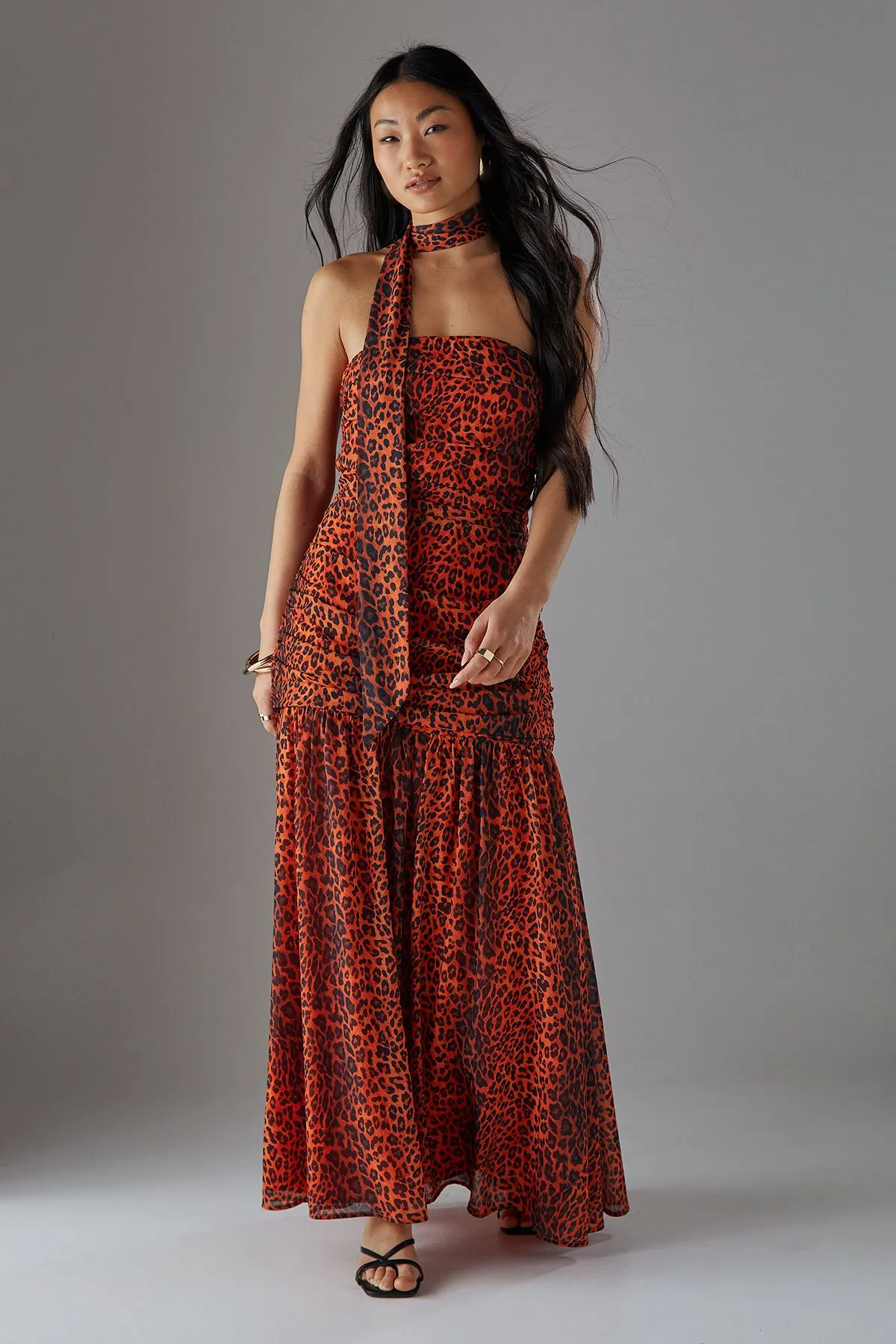 Petite Chiffon Neck Tie Bandeau Ruched Maxi Dress