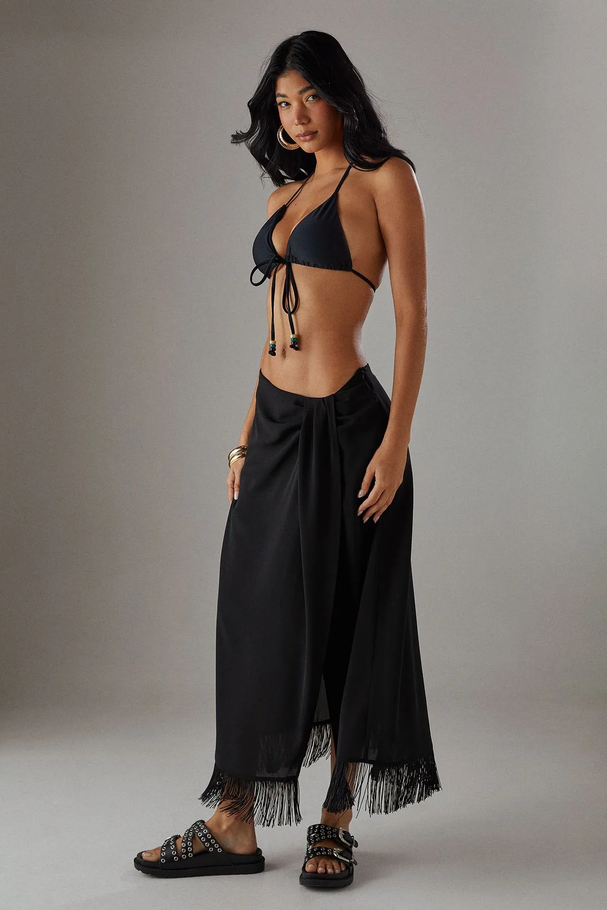 Knot Front Tassel Hem Midi Skirt