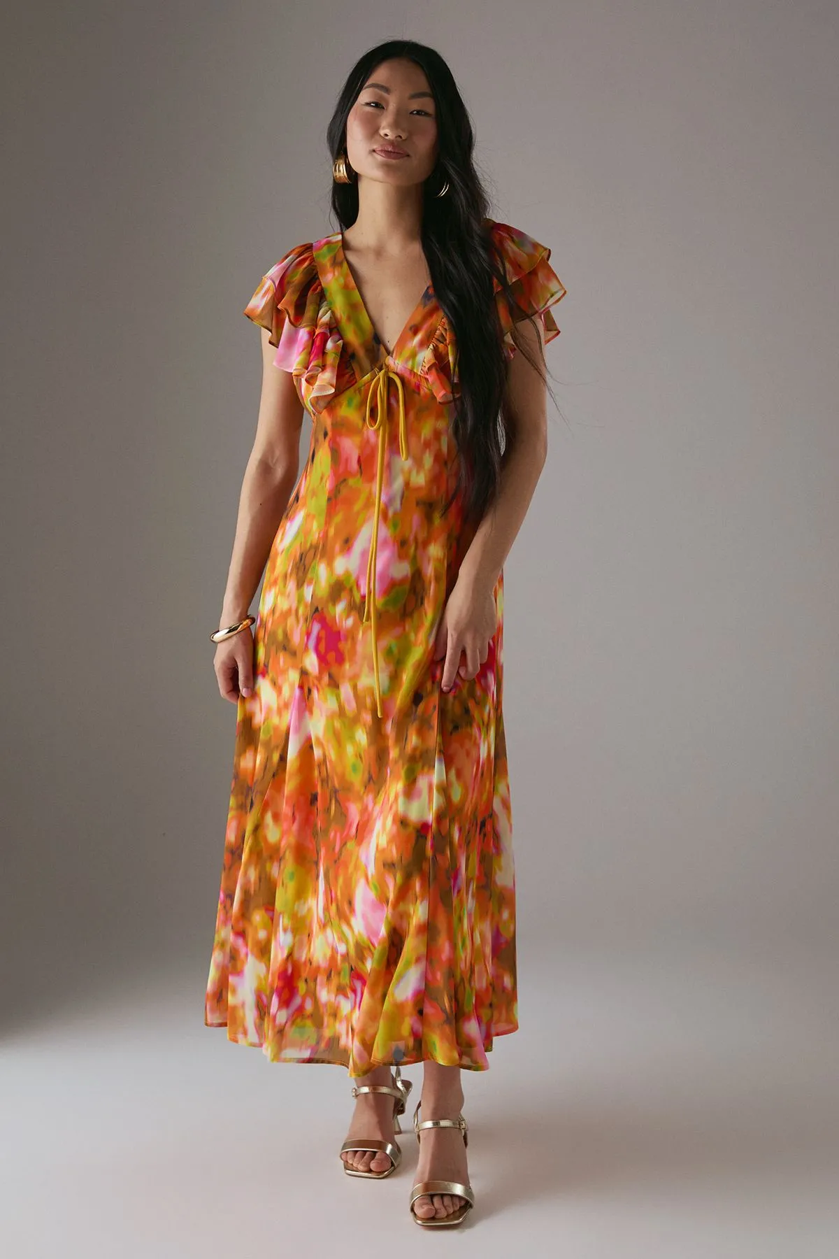 Petite Floral Frill Tie Front Midi Tea Dress