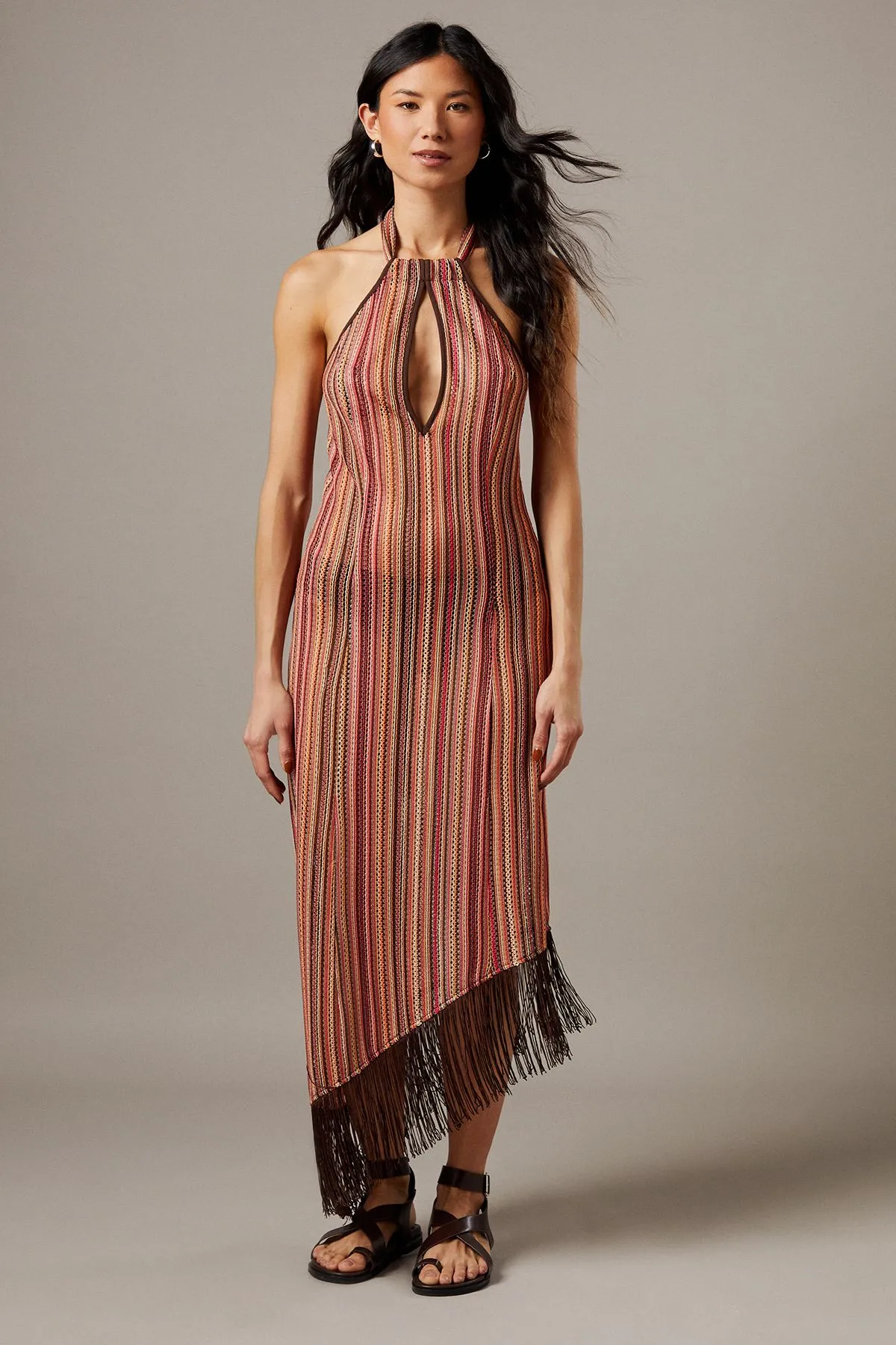 Knit Halter Fringe Hem Midi Dress
