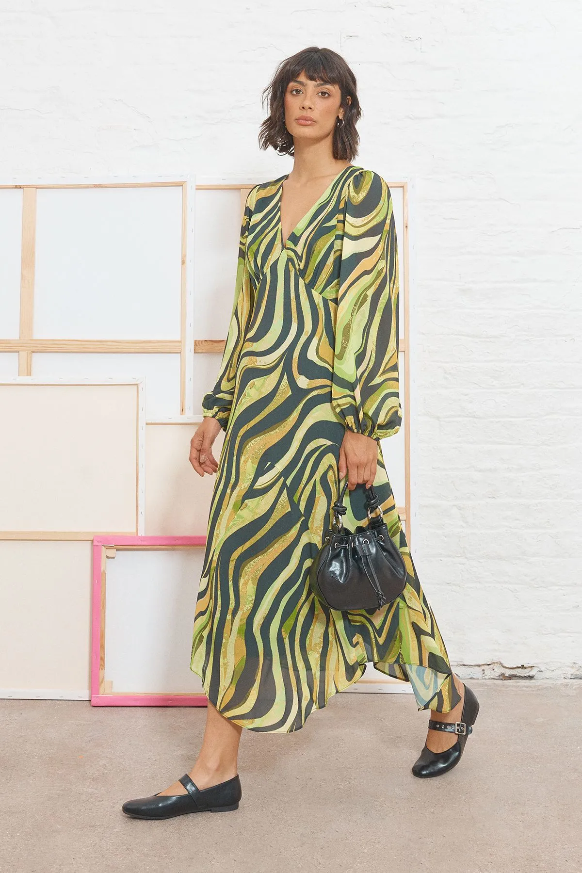 Tony Chiffon Plunge Neck Asymmetric Hem Midi Dress