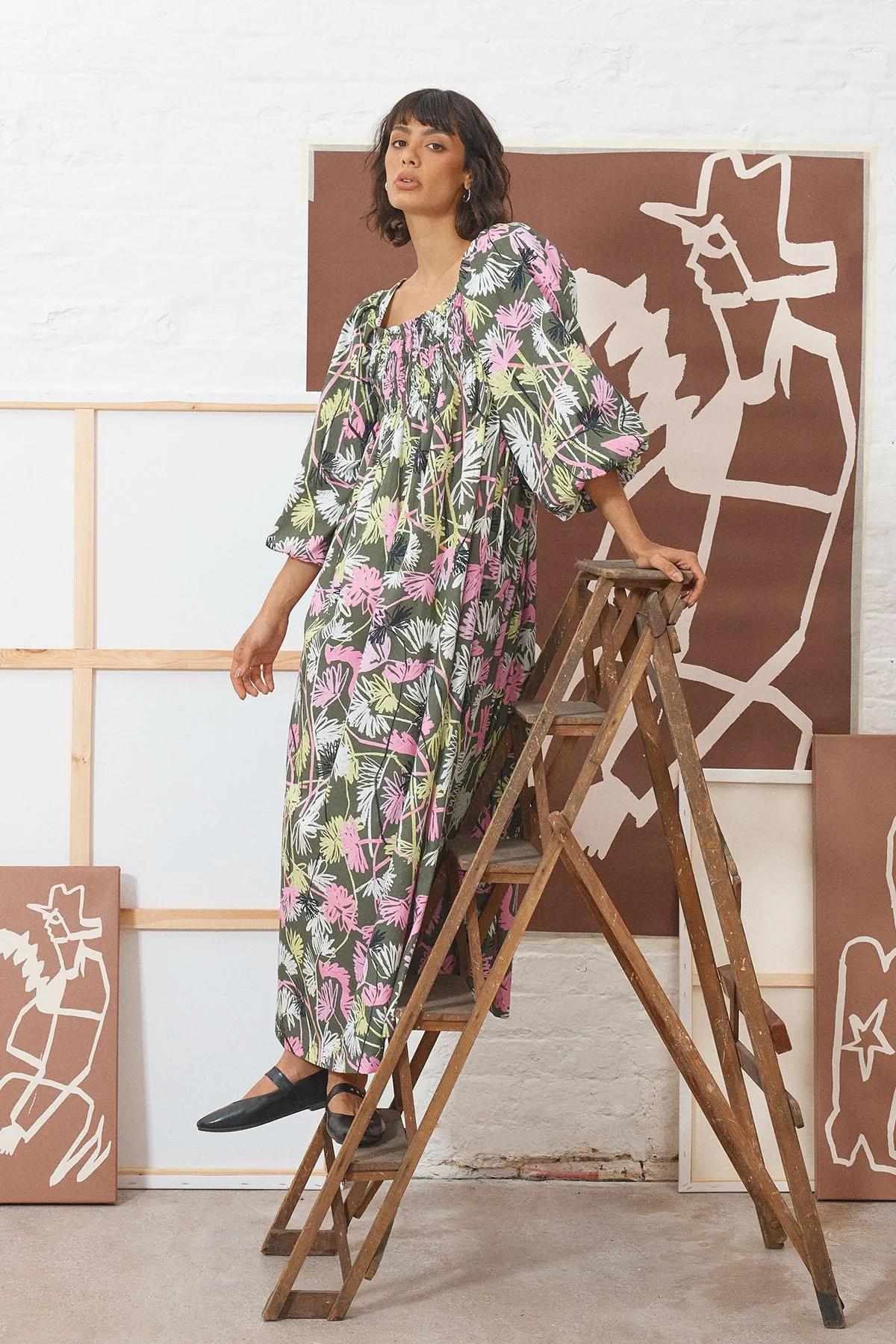 Tony Cotton Shirred Square Neck Midi Dress