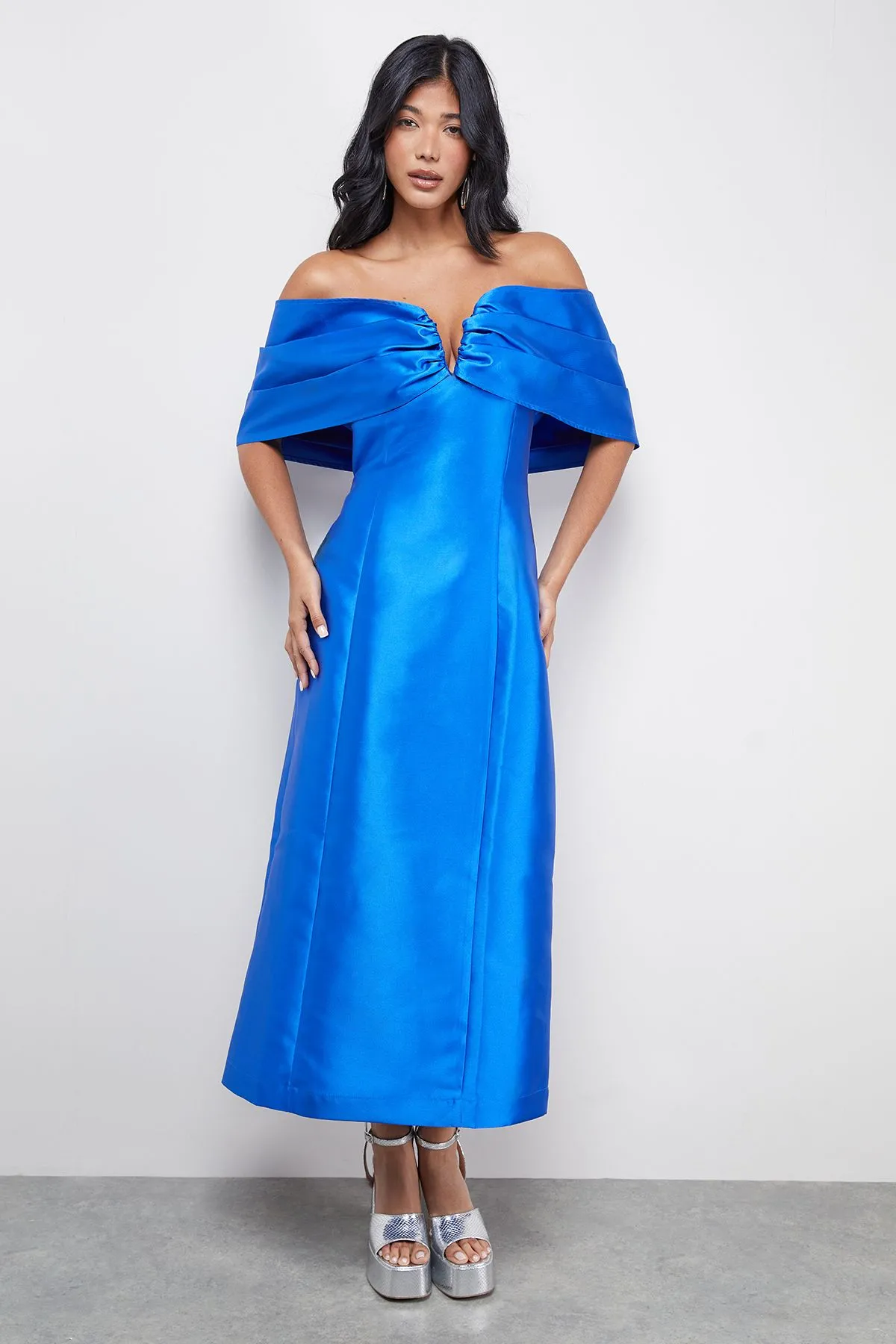 Satin Twill Notch Front Bardot Midi Dress