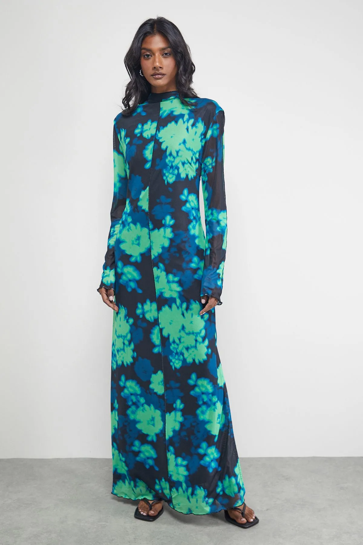 Print Mesh Lettuce Edge Maxi Dress