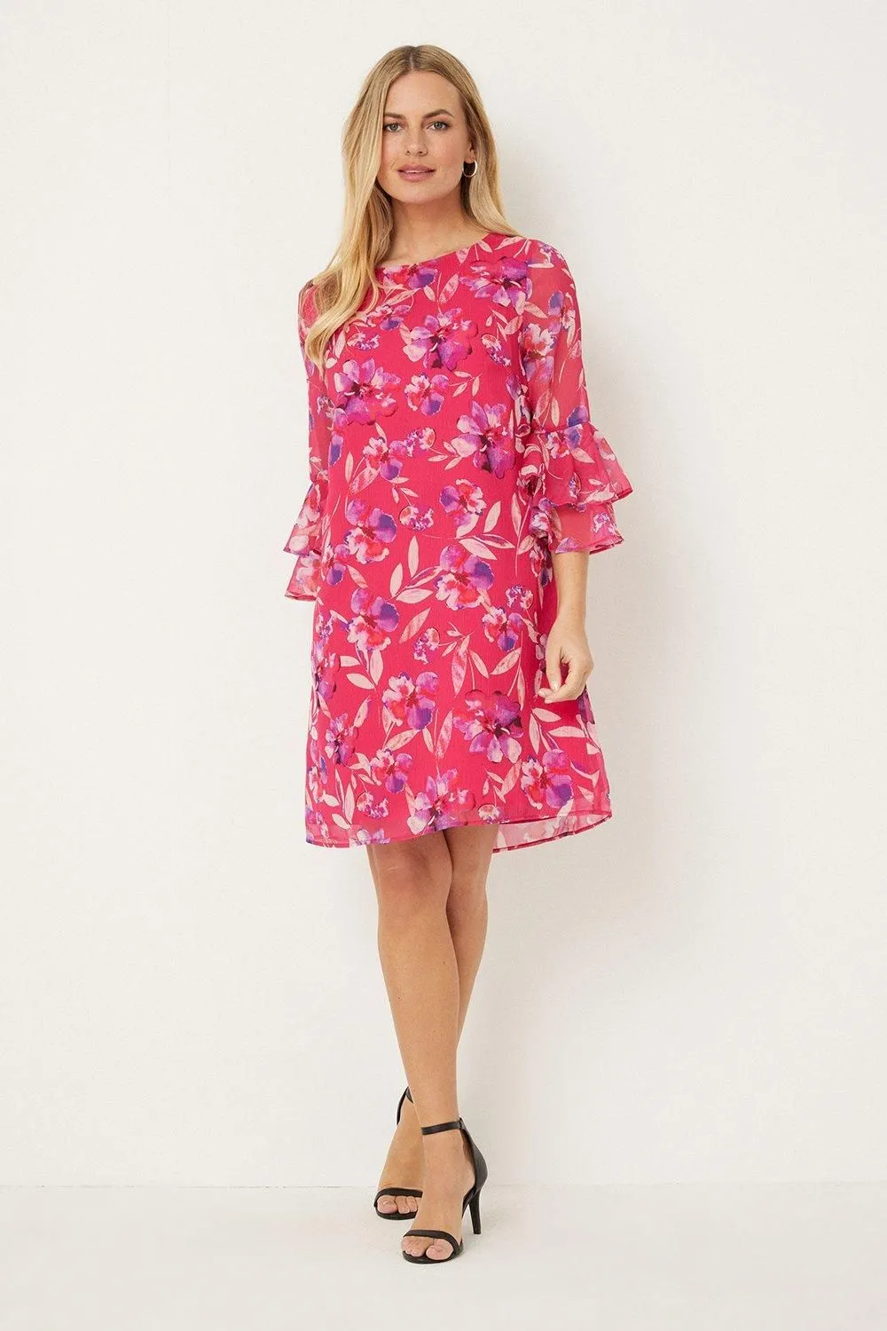 Petite Pink Watercolour Floral Ruffle Sleeve Shift Dress