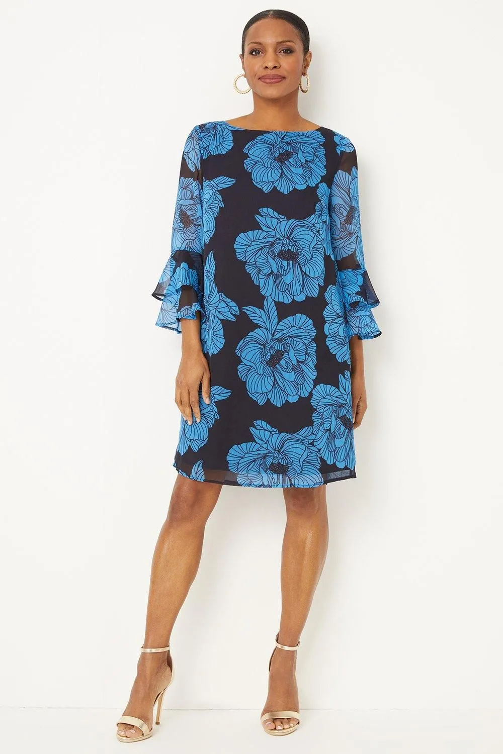 Navy Floral Flute Shift Dress