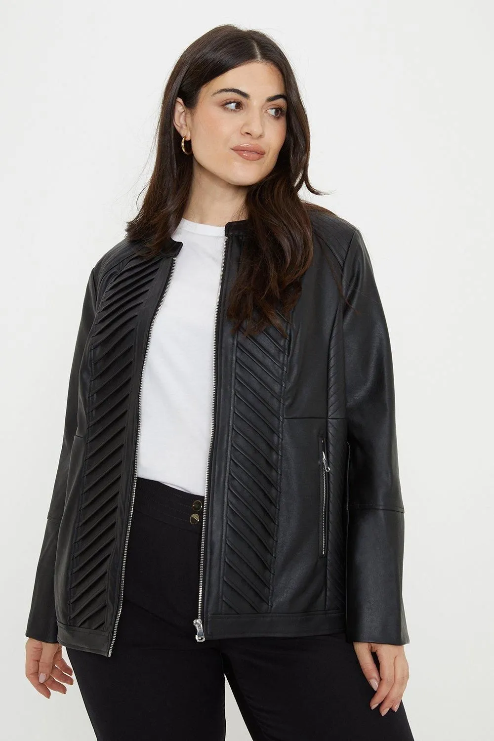 Curve Black Faux Leather Pleat Detail Jacket