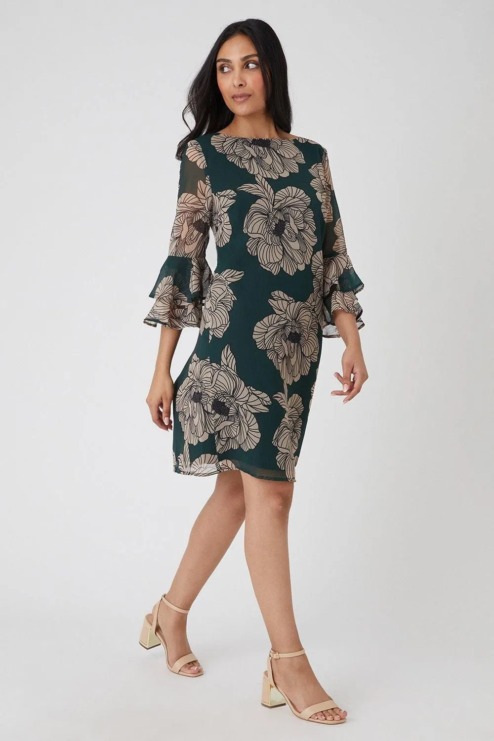 Petite Green Floral Flute Shift Dress