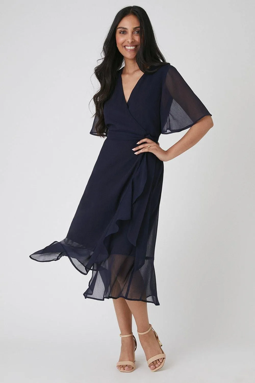Petite Navy Flutter Sleeve Midi Dress