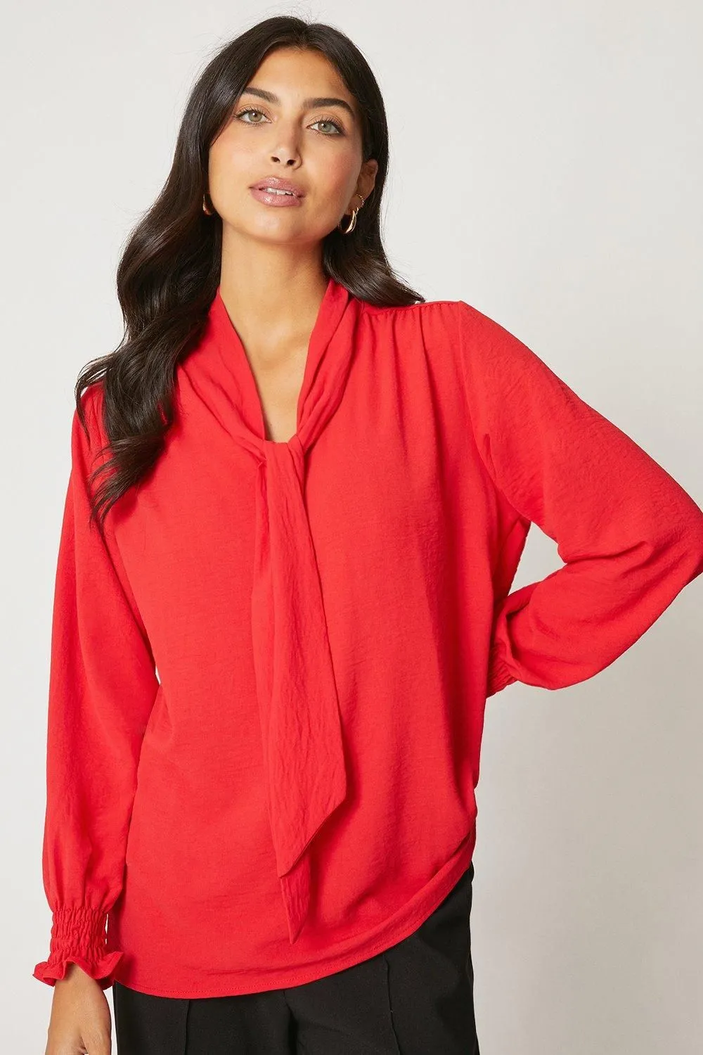 Tie Neck Shirred Cuff Top