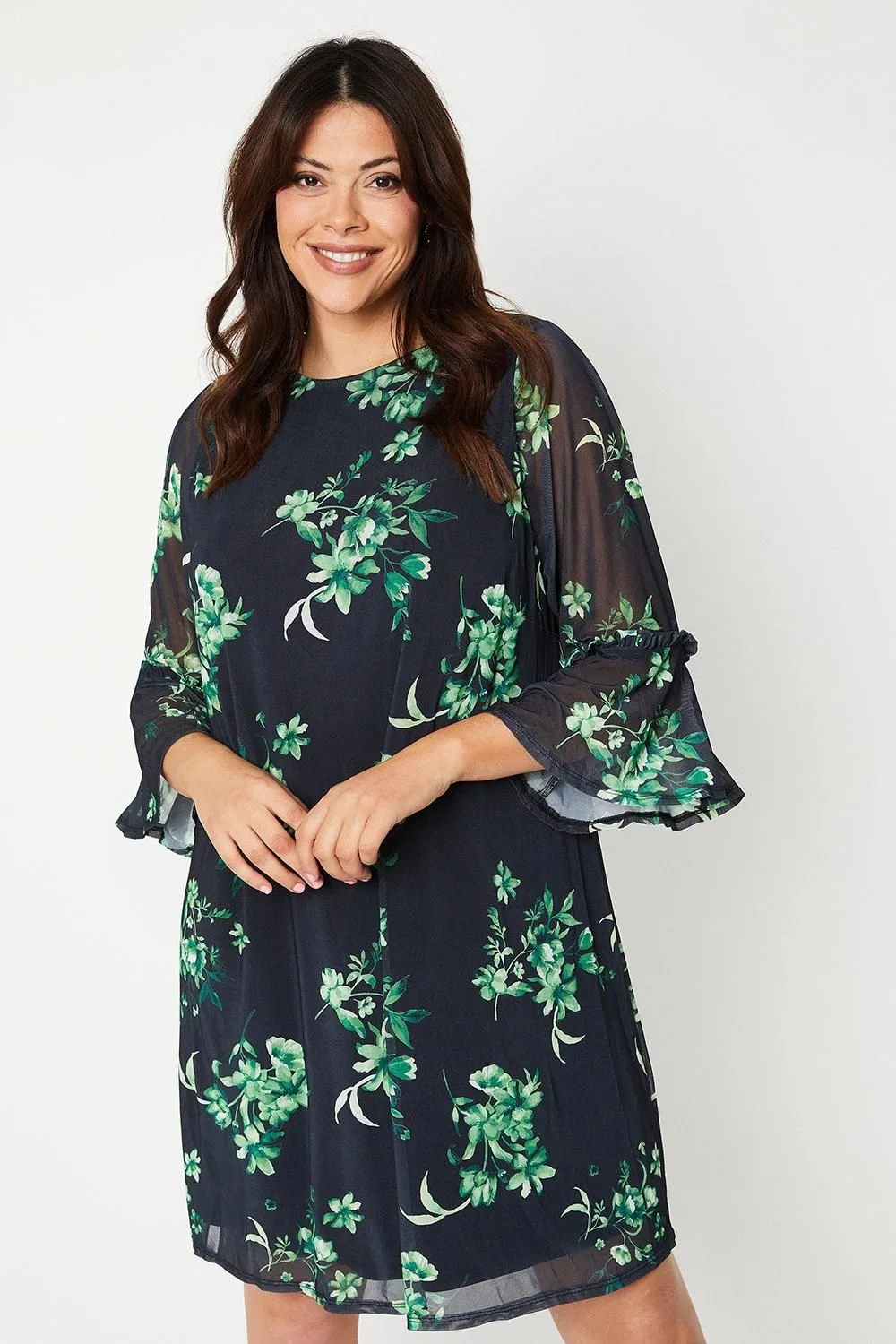 Curve Print Mesh Flutter Tunic Dress