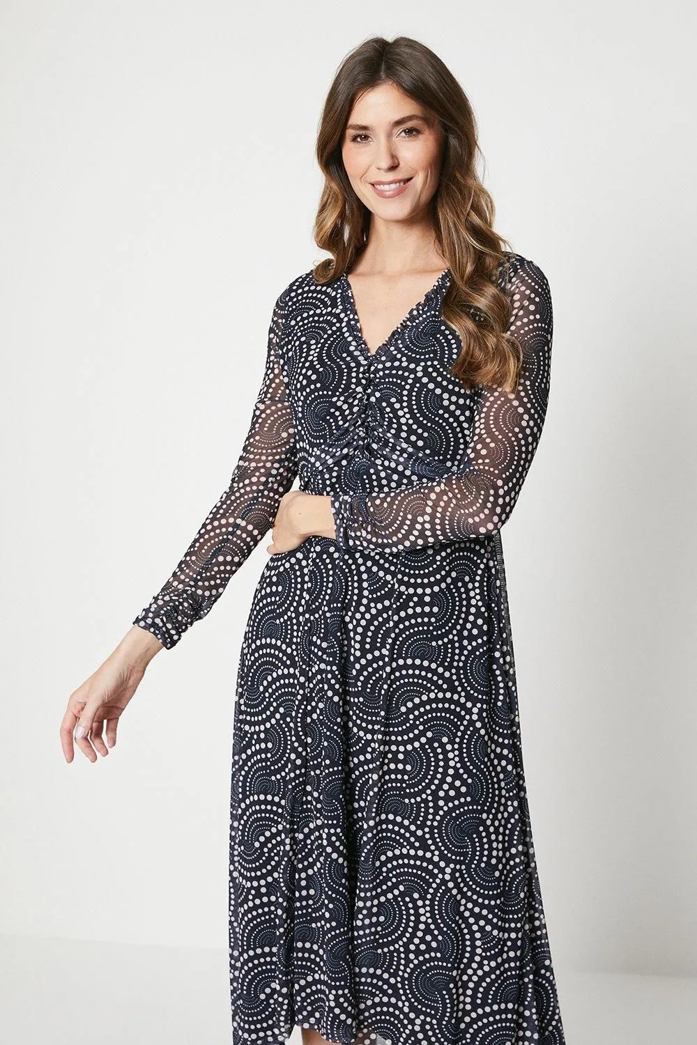 Print Mesh Lace Trim Hanky Hem Midi Dress