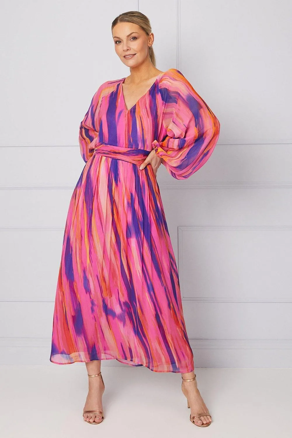 Abstract Balloon Sleeve Midaxi Dress