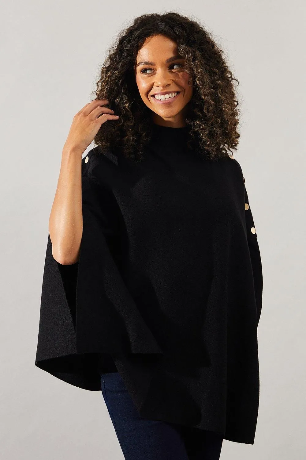 Button Detail High Neck Knitted Poncho Jumper