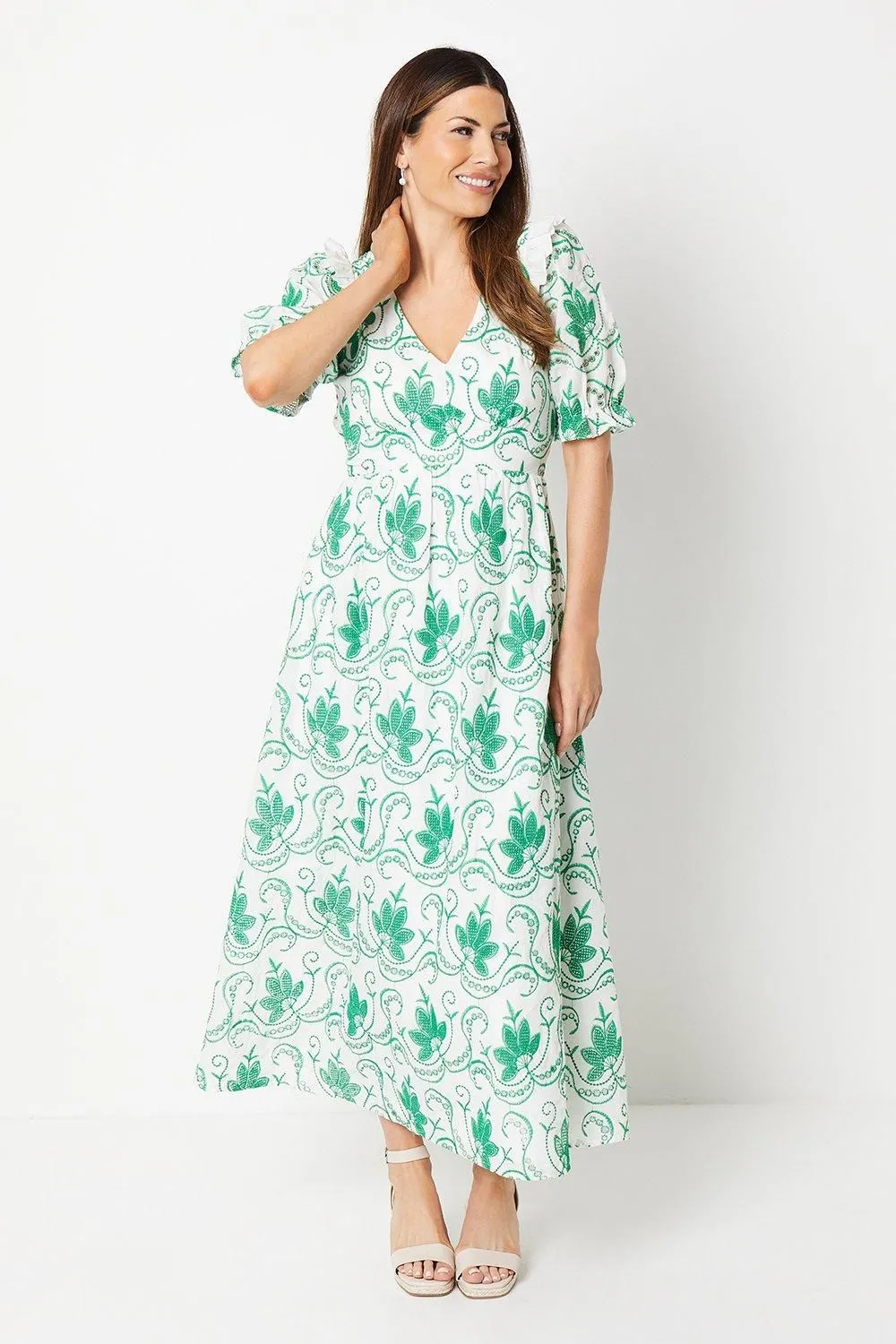 Contrast Embroidery V Neck Midi Tea Dress
