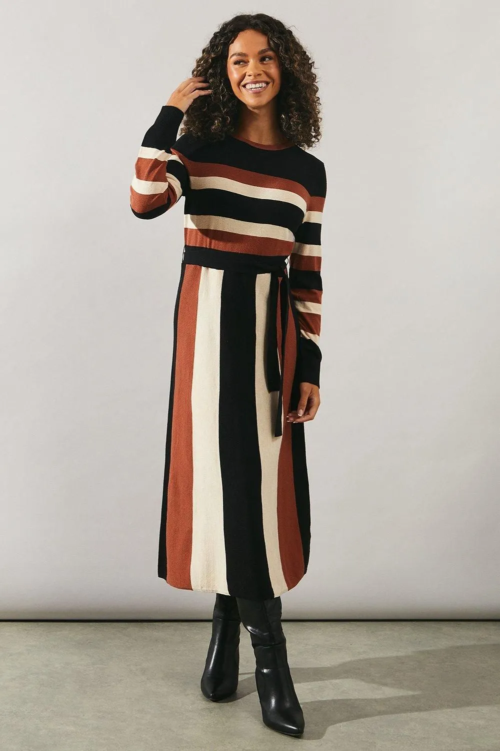 Stripe Colourblock Belted Knitted Midi Dress