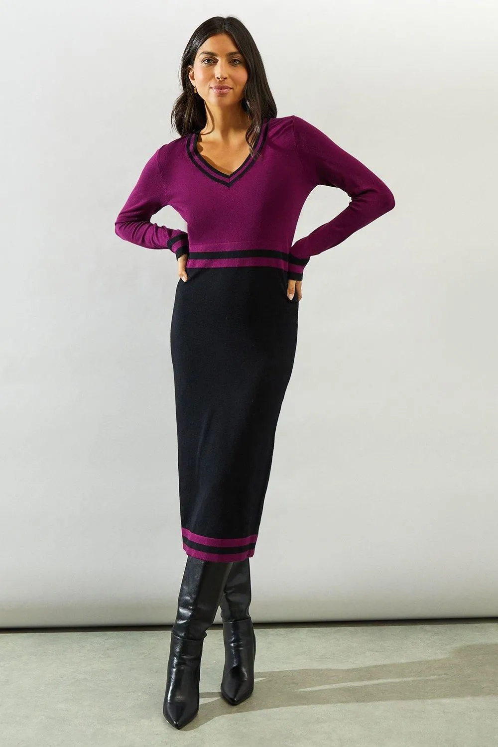 Tipped V Neck Knitted Midi Dress