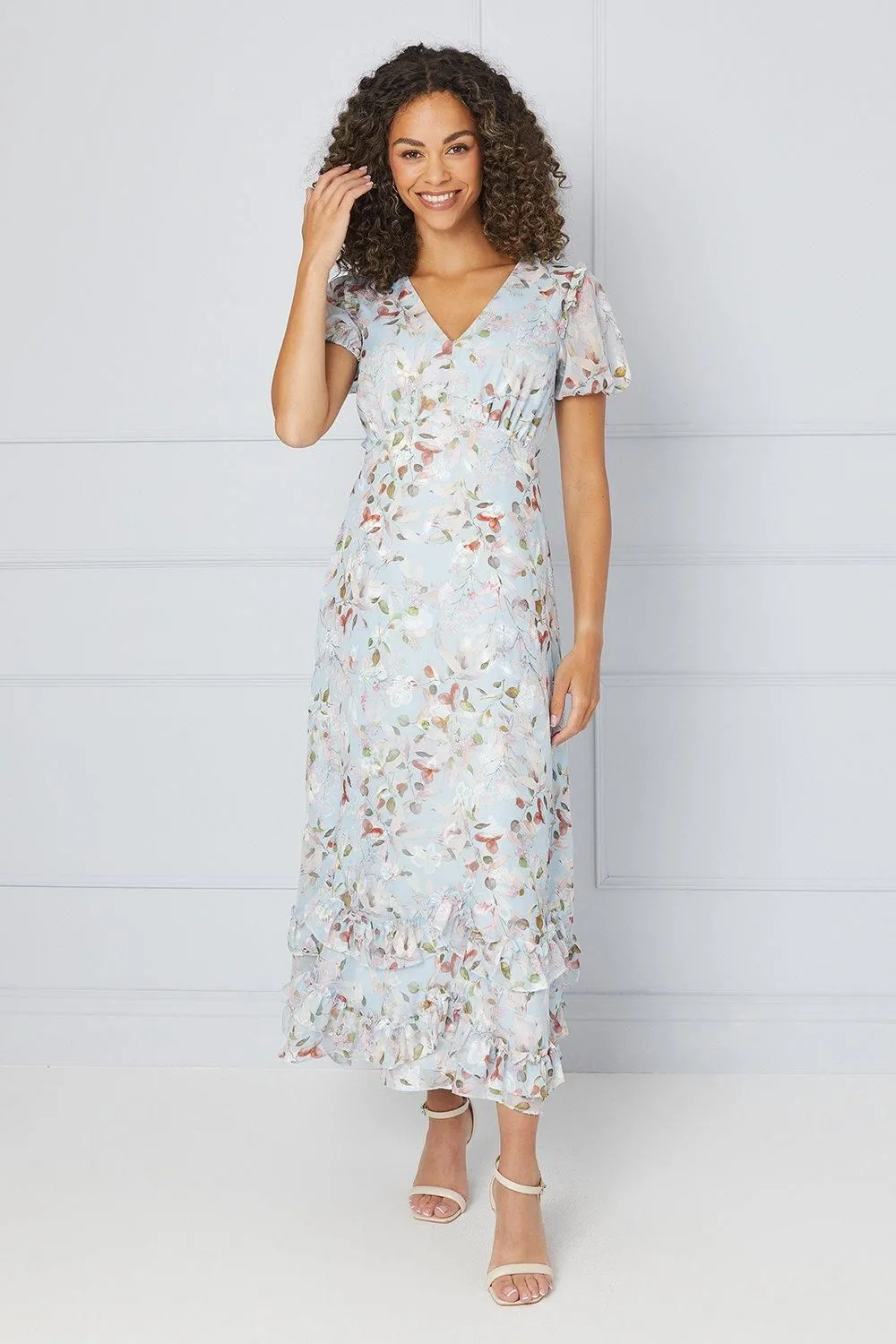 Floral Satin Ruffle Hem Midaxi Dress