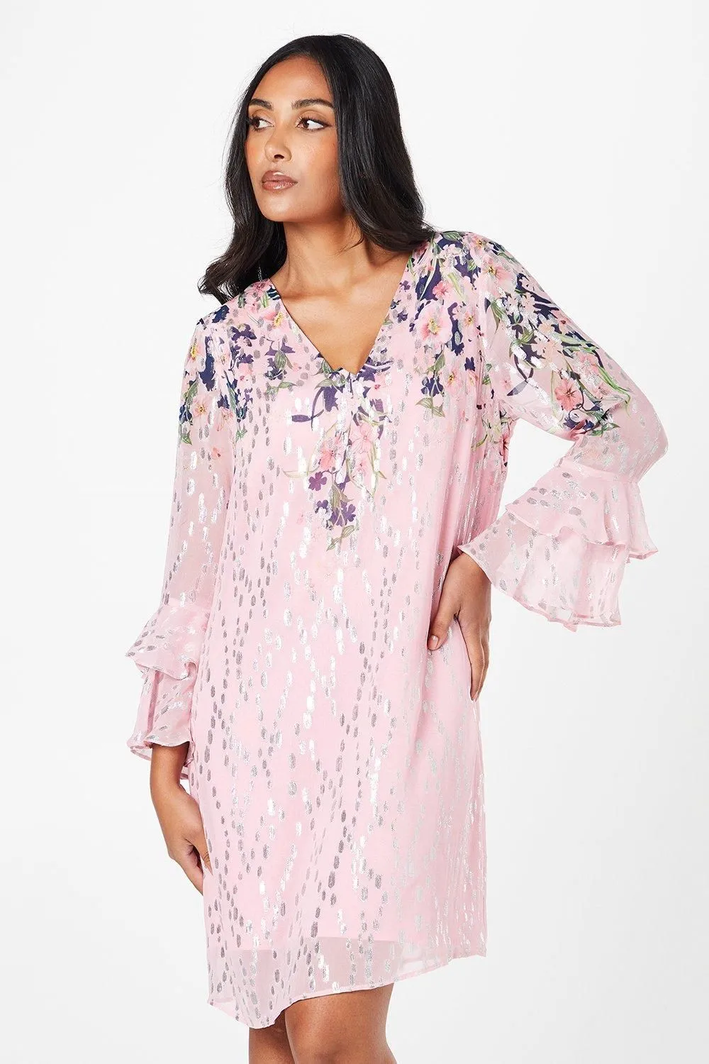 Petite Floral Metallic Ruffle Sleeve Shift Dress