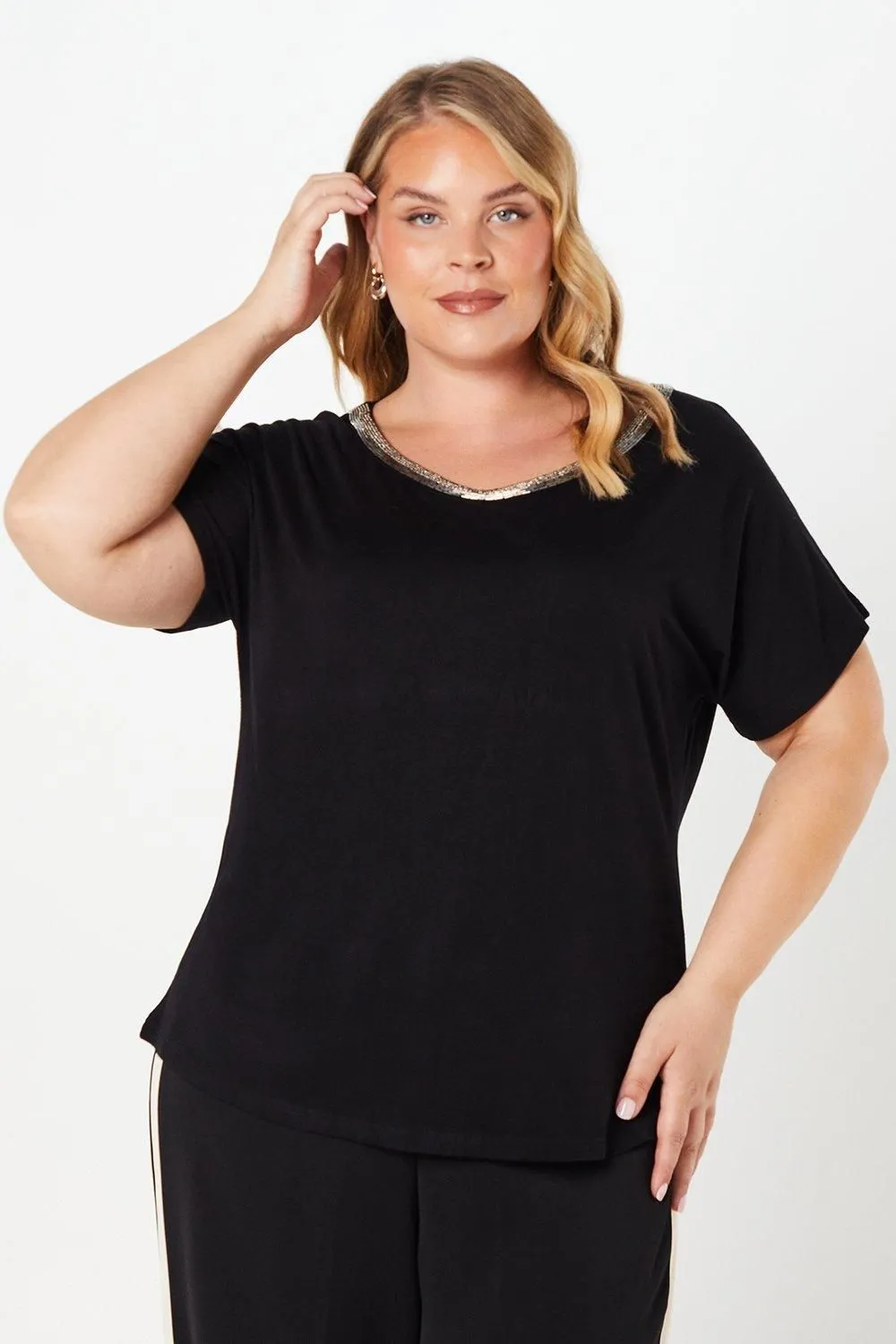 Curve Black Jersey Beaded T-shirt