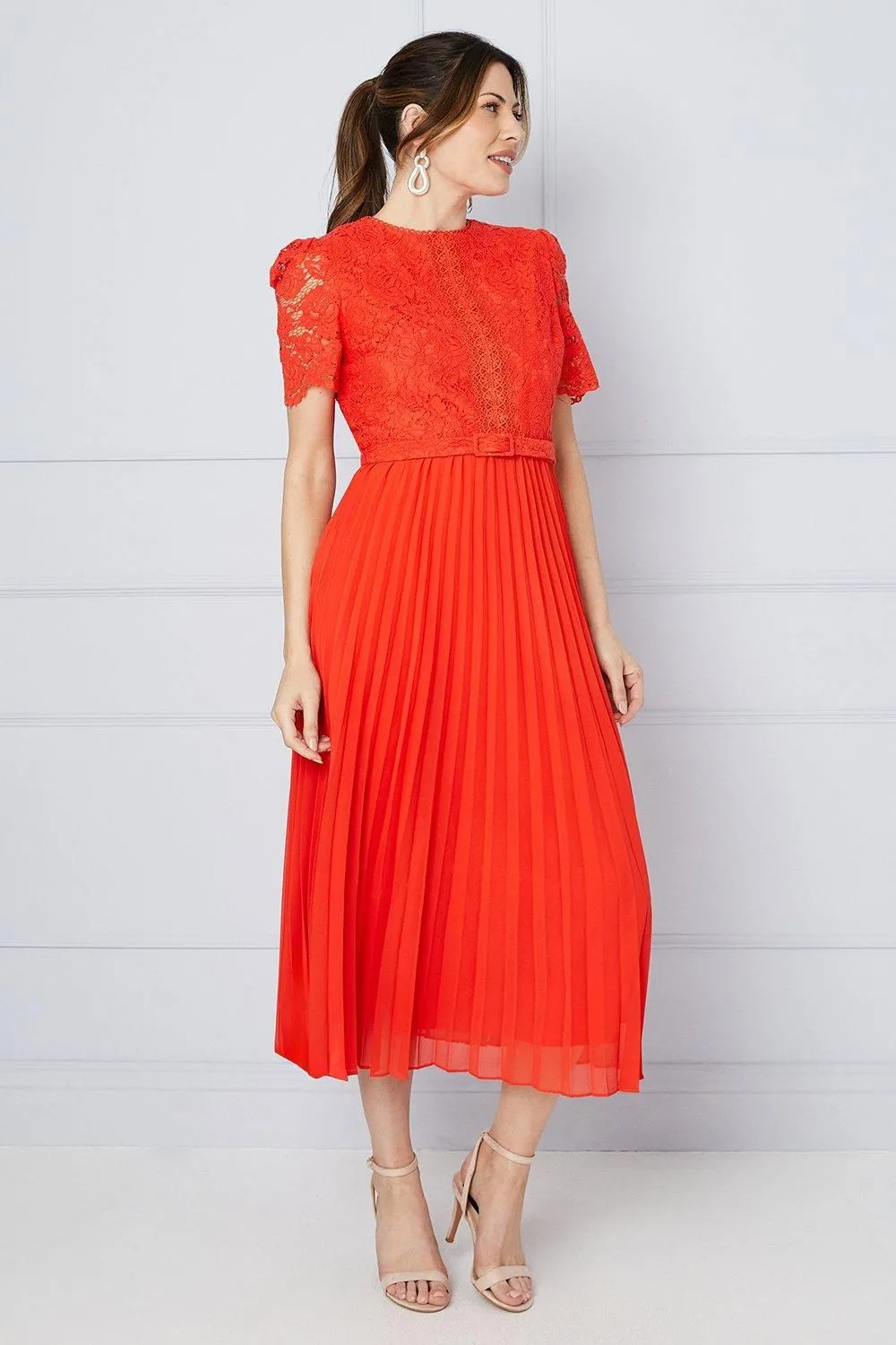 Premium Lace Belted Pleated Midi Dress