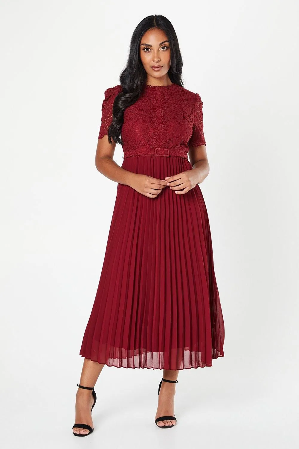 Petite Premium Lace Belted Pleated Midi Dress