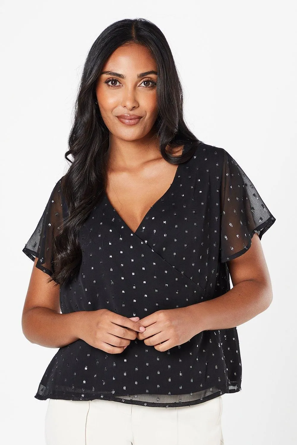 Petite Metallic Spot Wrap Blouse
