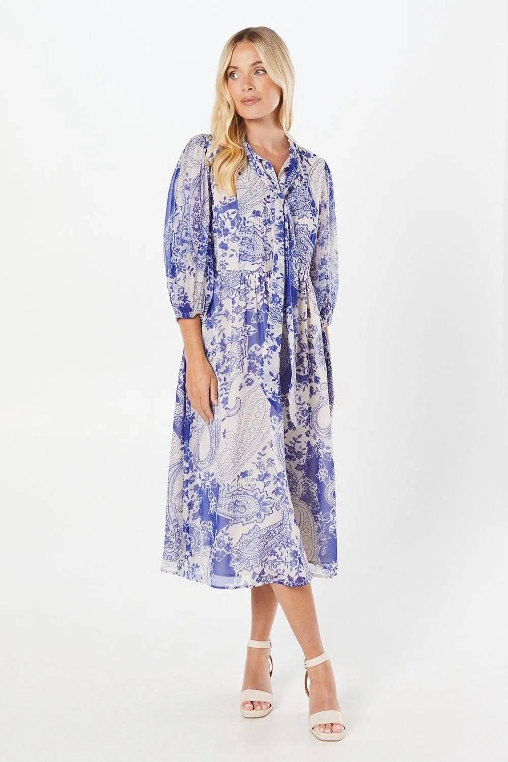 Petite Paisley Print Tie Neck Midi Dress