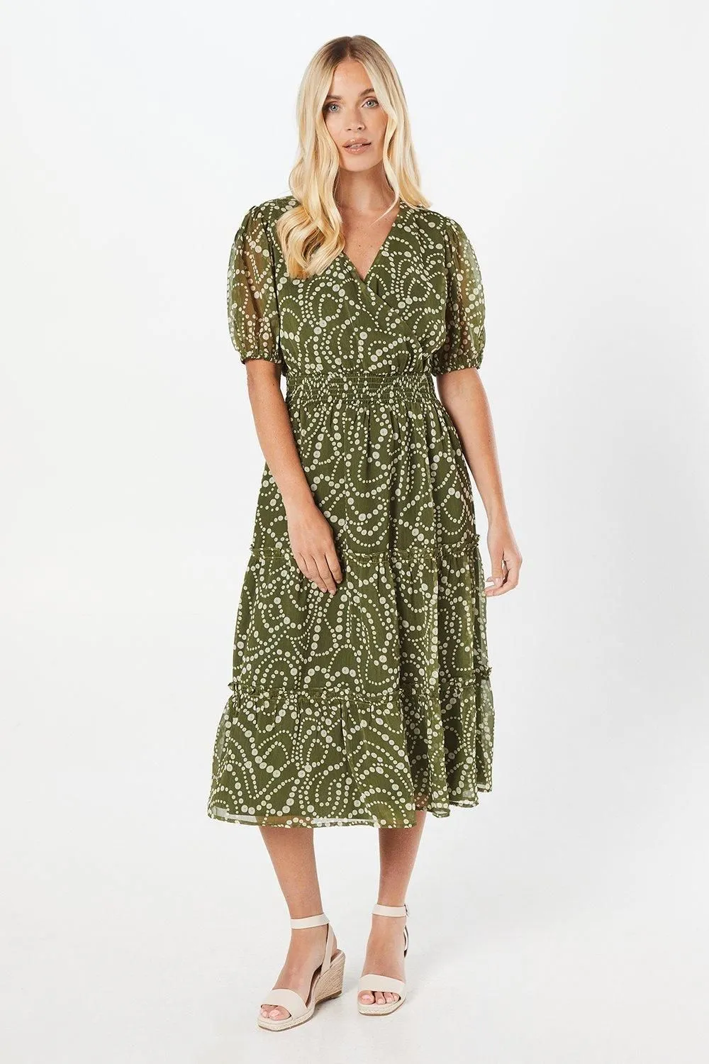 Petite Olive Spot Print Tiered Midi Dress